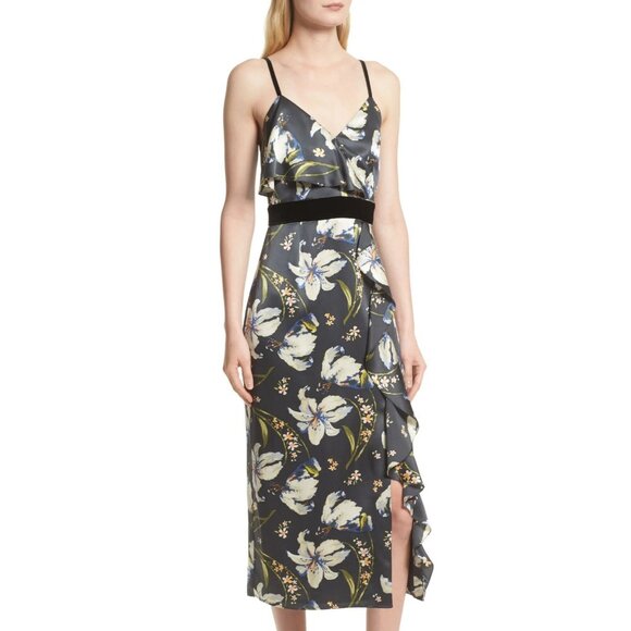 CINQ A SEPT Leena Floral Silk Charmeuse Ruffle Velvet Midi Sheath Dress, Size 2 - Picture 2 of 16